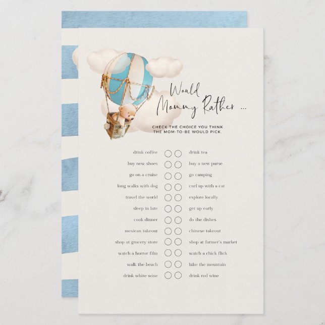 Bear Baby shower Jeu - Est-Ce Que Maman Plairait? (Devant / Derrière)