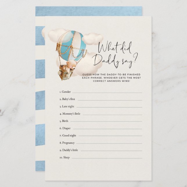 Bear Baby shower Jeu - Qu'a dit papa (Devant / Derrière)