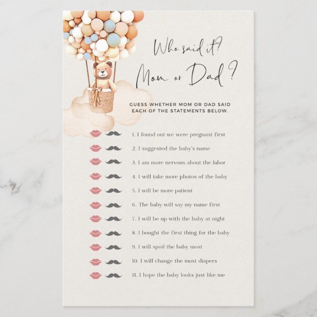 Bear Baby shower Jeu Qui L'A Dit (Devant)