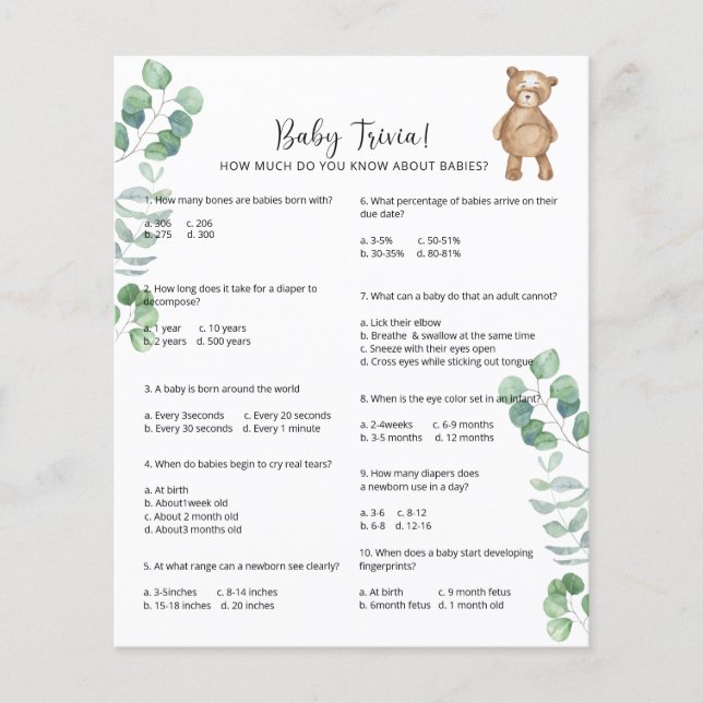 Bear Baby Trivia | Jeu Baby shower (Devant)