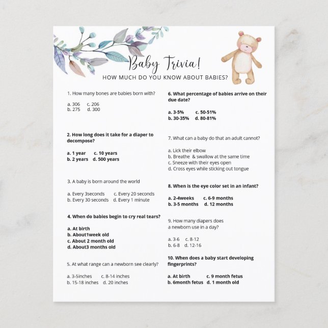 Bear Baby Trivia | Jeu Baby shower (Devant)