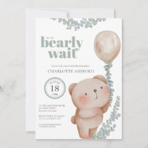 Bear Balloon Bearly Wait Neutre Baby Invitation