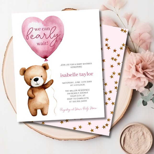 Bear Balloons Bébé Fille Douche Budget Invitation (Bear Balloons Baby Girl Shower Budget Invitation)