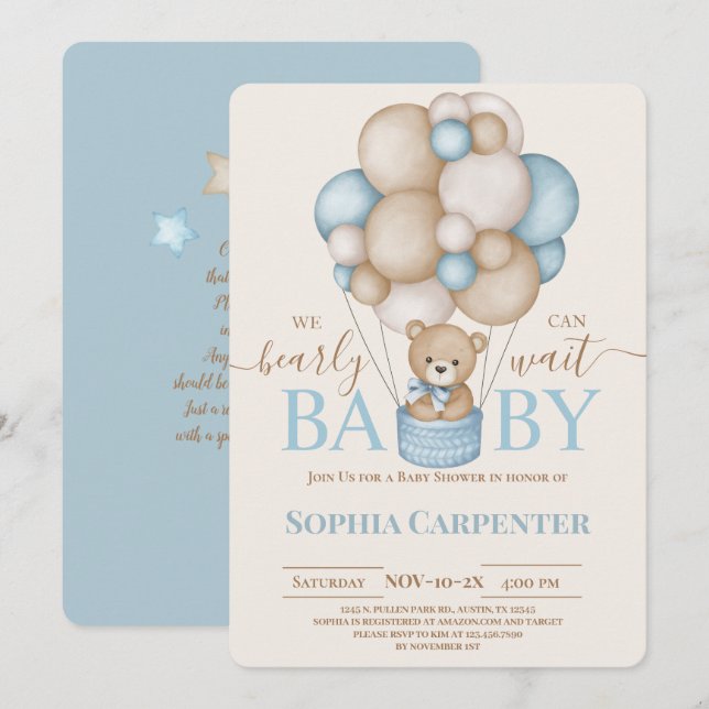 Bear Balloons Boy Baby shower Invitation (Devant / Derrière)
