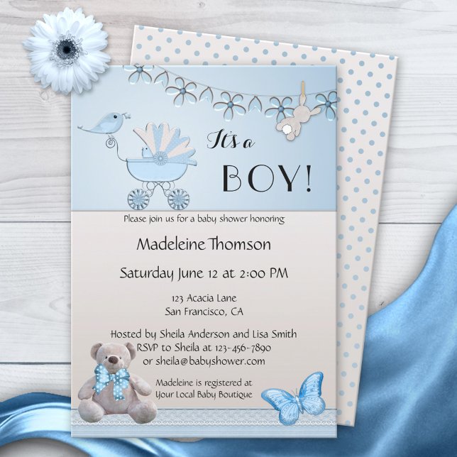 Bear Bleu Beige Boy Baby shower Invitation (Créateur téléchargé)