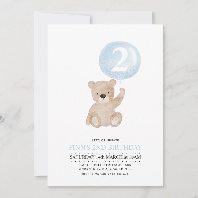 Bear Blue Balloon 2e Anniversaire Invitation (Devant)