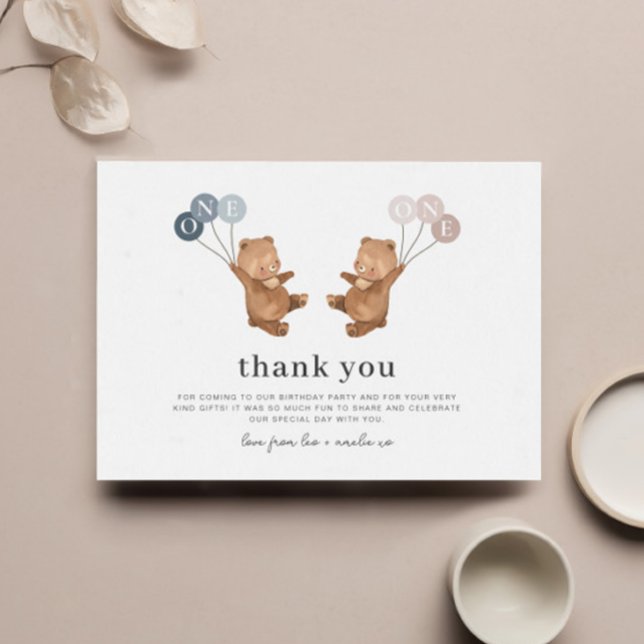 Bear Boy Girl Twins - 1er anniversaire Carte de re (Bear Boy Girl Twins - 1st Birthday Thank You Card)