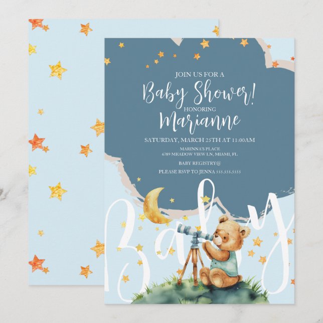  Bear Boy Stars Baby Shower  Invitation (Devant / Derrière)
