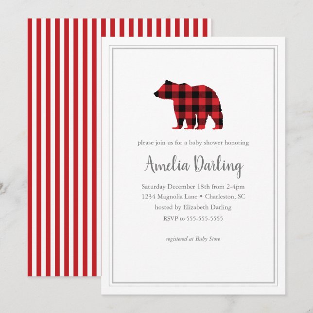 Bear Buffalo Check Baby shower Invitation (Devant / Derrière)