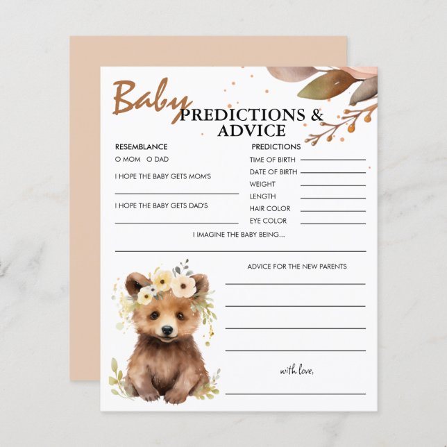 Bear Cub Woodland Baby Predictions & Conseils Card (Devant / Derrière)