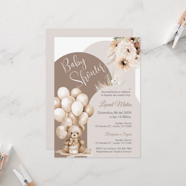 Bear Espagnol Baby shower Boy invitation (Devant/Arrière en situation)