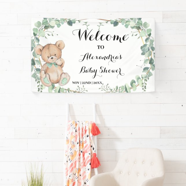 Bear Greenery Gold Welcome Baby shower Bannière (En situation)