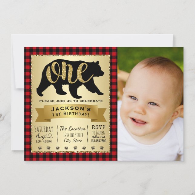 Bear Lumberjack 1er anniversaire fêtes Invitations (Devant)