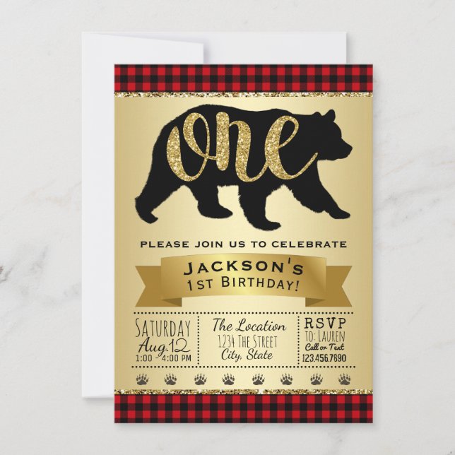 Bear Lumberjack First Birthday Party Invitations (Devant)
