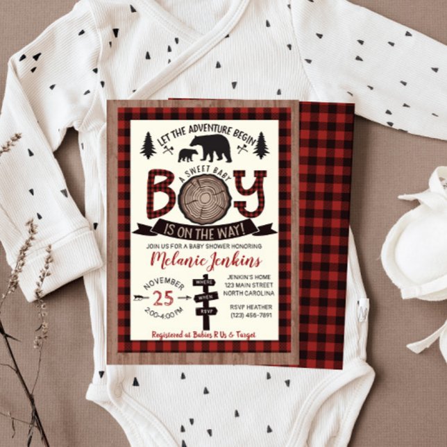 Bear Lumberjack Flannel Boy Baby shower Invitation (Créateur téléchargé)