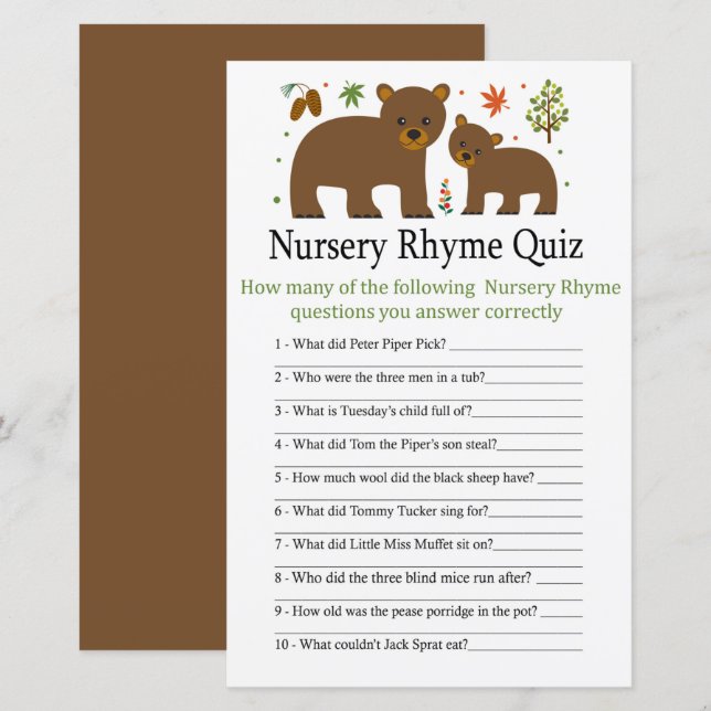 Bear Nursery Rhyme Quiz jeu de baby shower (Devant / Derrière)