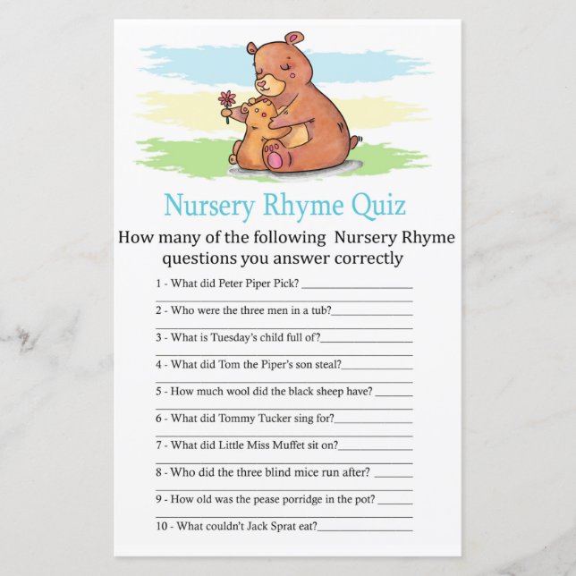 Bear Nursery Rhyme Quiz jeu de baby shower (Devant)