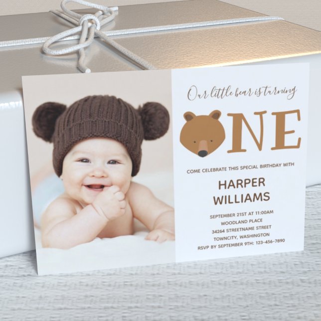 Bear Photo Animal First Birthday Invitation (Créateur téléchargé)