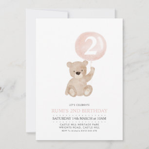 Bear Pink Balloon Girls 2e Invitation anniversaire