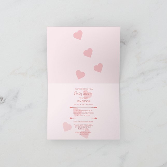 Bear Pink Hearts Baby shower plié Invitation (Intérieur)