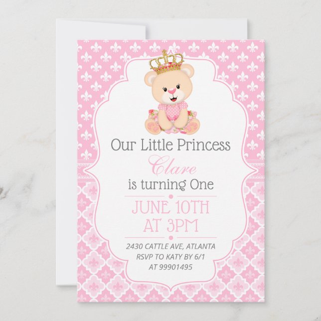 Bear Princess First Birthday Invitation (Devant)