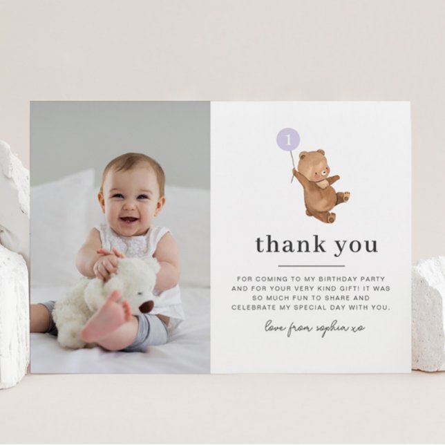 Bear Purple Balloon photo Carte de remerciements (Créateur téléchargé)