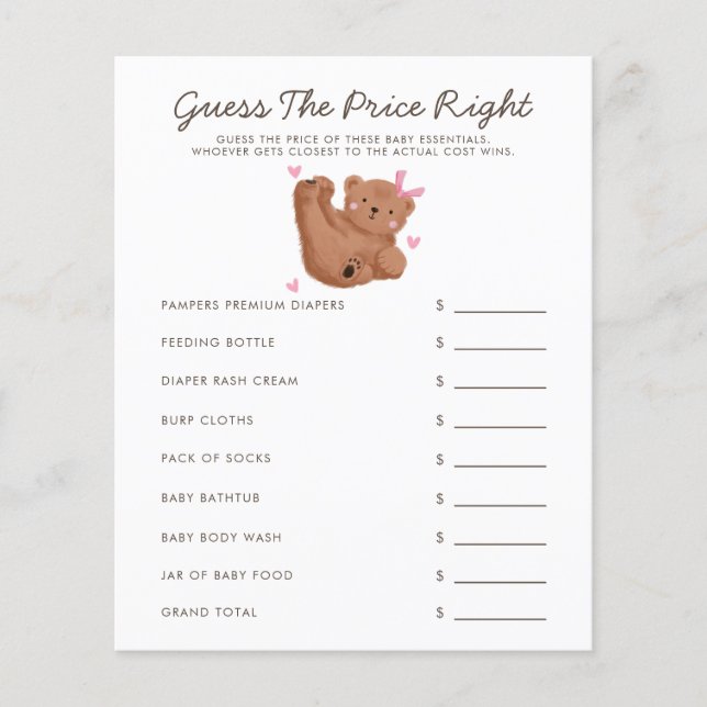 Bear Thème Fille Baby shower Devinez Le Prix Juste (Devant)