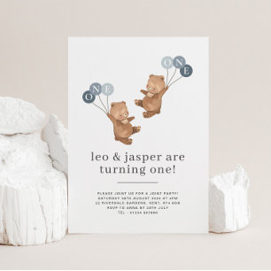 Bear Twin Boys Joint 1er anniversaire Invitation