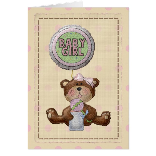 Bear with Rattle & Baby Girl Balloon Blank Card (Devant)