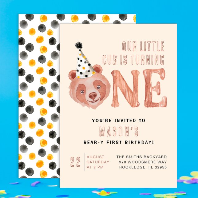 Bear y Cute 1er Anniversaire Invitation - Teddy Be (Little Bear "One" typography Invite )