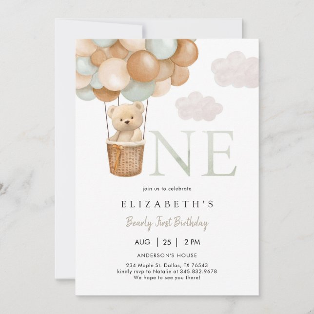 Bearly First Teddy Bear 1st Birthday Invitation (Devant)