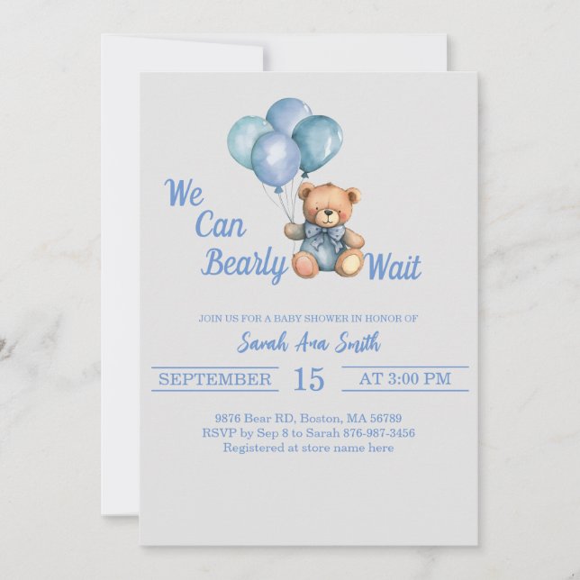 Bearly Wait Balloons Baby shower Invitation (Devant)