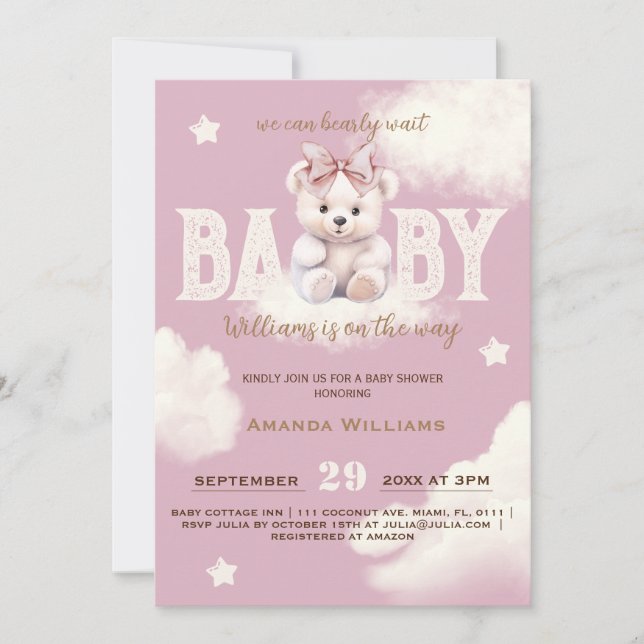 Bearly Wait Bear Bow Baby Girl Shower Invitation (Devant)