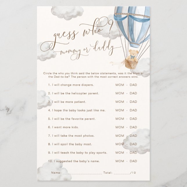 Bearly Wait Blue Guess Who Baby Shower Game (Devant)