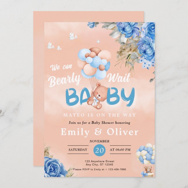 Bearly Wait Blue Teddy Bear Baby shower Invitation (Devant / Derrière)