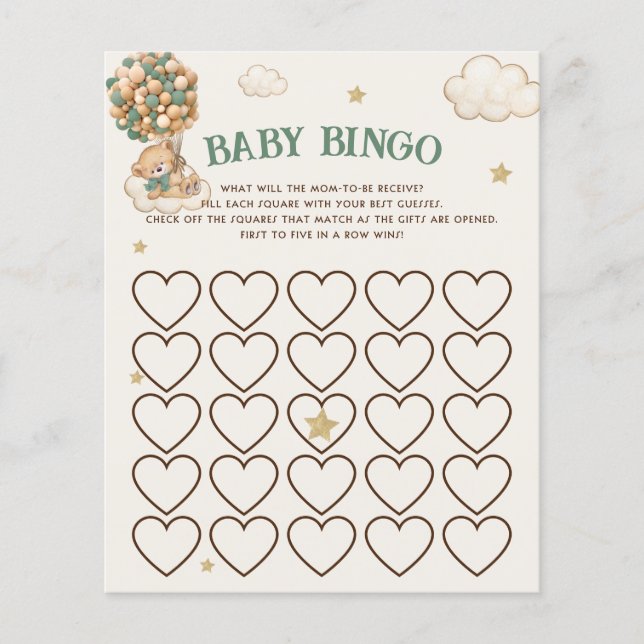 Bearly Wait Green Balloons Baby shower Bingo Jeu (Devant)