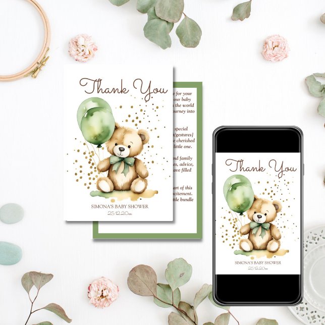 Bearly wait teddy carte de remerciements de baby s (Bearly wait teddy bear sage green balloons baby shower thank you card editable template download)