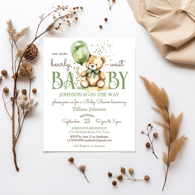 Bearly wait teddy invitation budget baby shower ve (Bearly wait teddy bear themed baby shower budget invitation template sage green brown themed balloon)