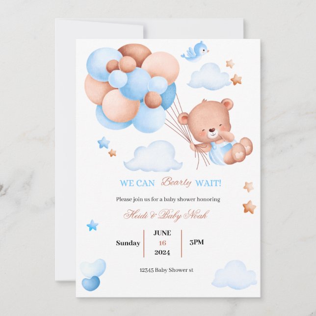 Bearly Wait Teddy Ours Bleu Baby shower Invitation (Devant)