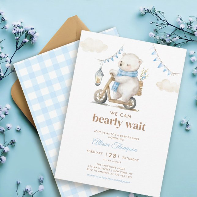 Bearly Wait White Bear Boy Baby shower Invitation (Créateur téléchargé)