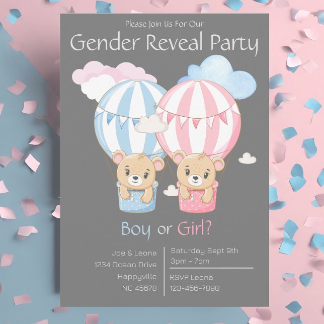 Bears & Balloons Genre Reveillez Party Invitation (Bears and Balloons Gender Reveal Party Invitation)