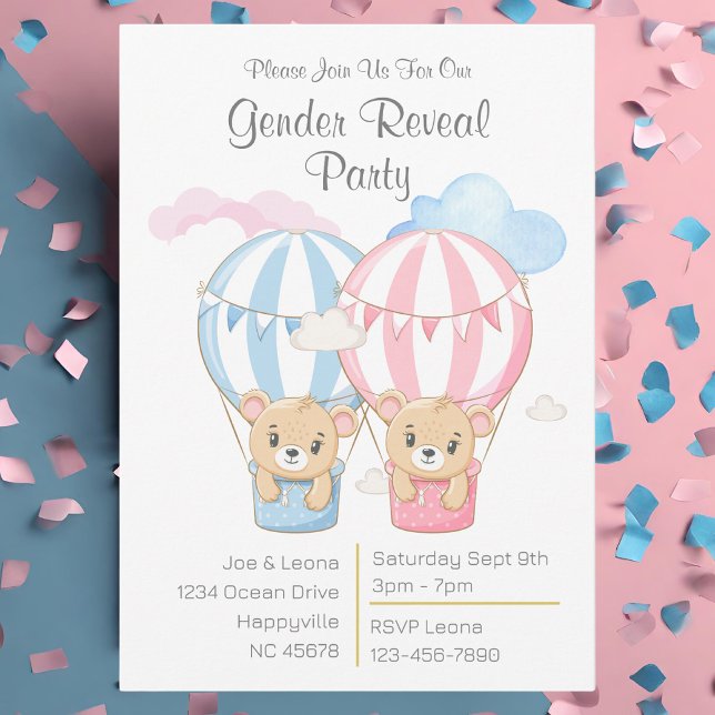 Bears & Balloons Genre Reveillez Party Invitation (Bear & Balloons pink and blue gender reveal party invitation)
