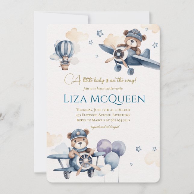 Beary Cute Pilot baby shower invitation (Devant)