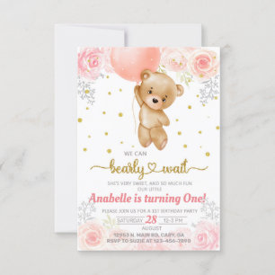 Beary fille mignonne première invitation 1er anniv