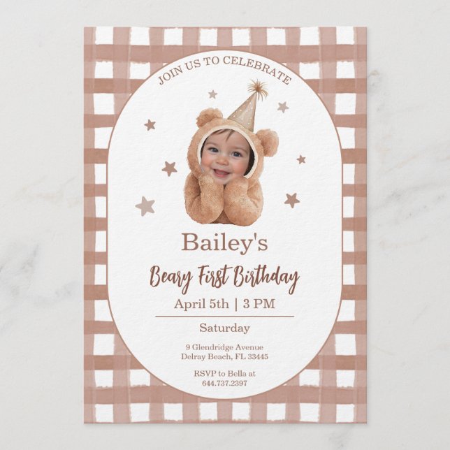 Beary First Birthday Gingham Photo Invitation (Devant)