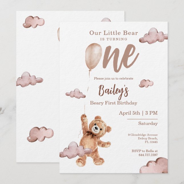 Beary First Birthday Invitation (Devant / Derrière)