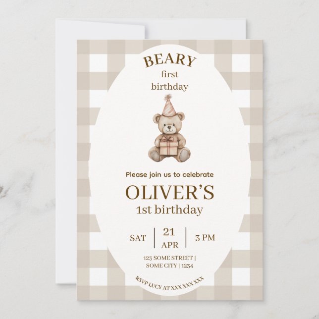 Beary First Birthday Invitation Gingham Editable (Devant)