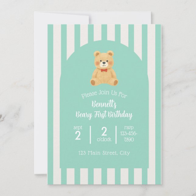 Beary First Birthday Invitation | Teal (Devant)