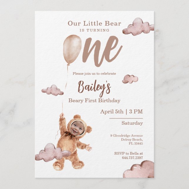 Beary First Birthday Photo Invitation (Devant)