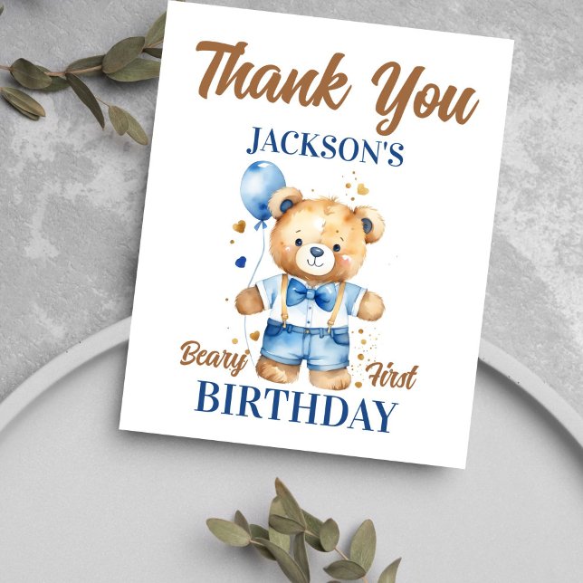 Beary premier garçon anniversaire mignon carte de  (Teddy bear birthday thank you cards cute teddy bear with denim shorts blue balloon thank you card)